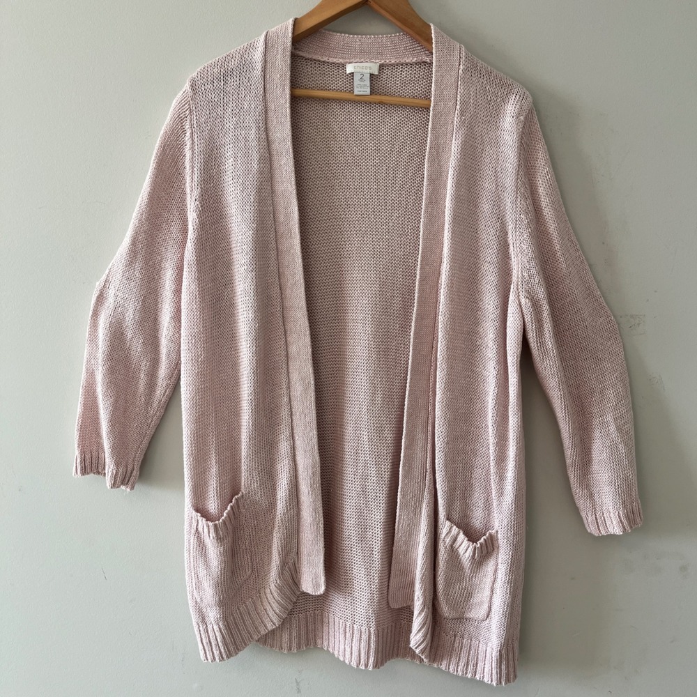 Chico's Open Front Cardigan Linen Blend Pink Size L Metallic Shimmer Longline